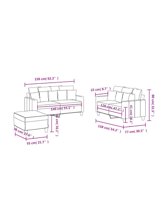 Living Room Furniture Set 3-Seater & 2-Seater & Stool Gray