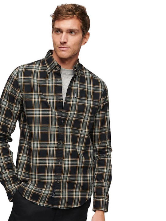 Ovin Vintage Long-sleeved Cotton Shirt in Wide Line Checked Black