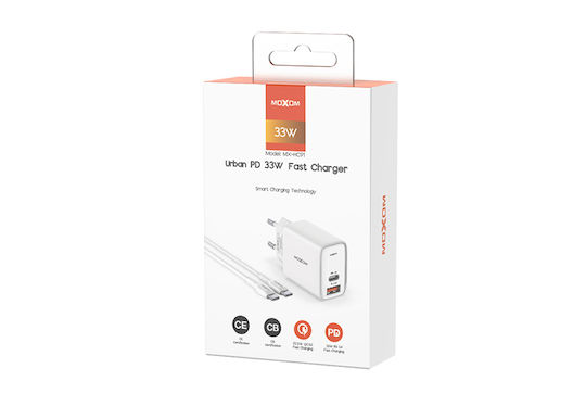 Moxom Mobile Phone Charger with USB-A and USB-C Output Ports and USB-C - Lightning Cable 33W Power Delivery White