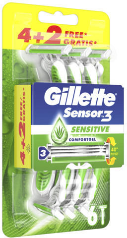 Gillette Sensor 3 Sensitive Disposable Razors Single Use with 3 Blades & Lubricious Strip for Sensitive Skin 6pcs