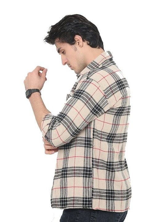 Men's Shirt Long Sleeve Flannel Checked Beige (Beige)