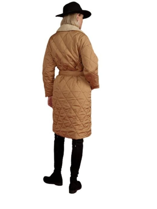 Ζωνη Women's Long Puffer Jacket for Winter Beige.