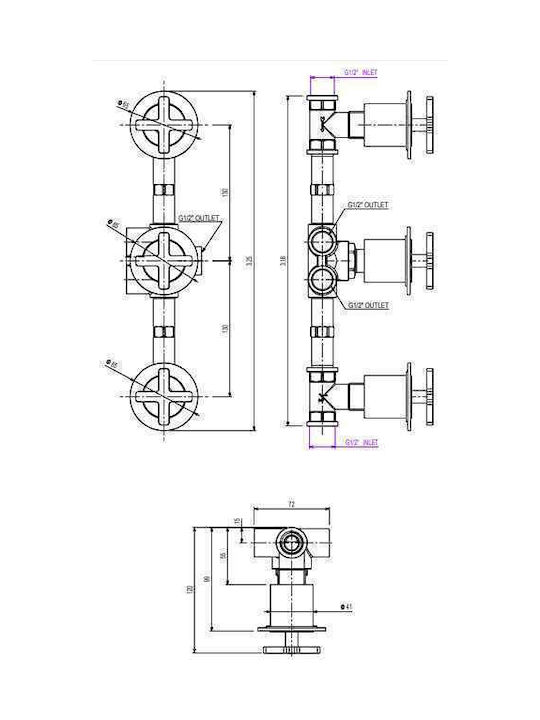 La Torre Elle Set de mixere și deviere Încorporat pentru Duș 3 ieșiri Unelte pentru măcelari Argint