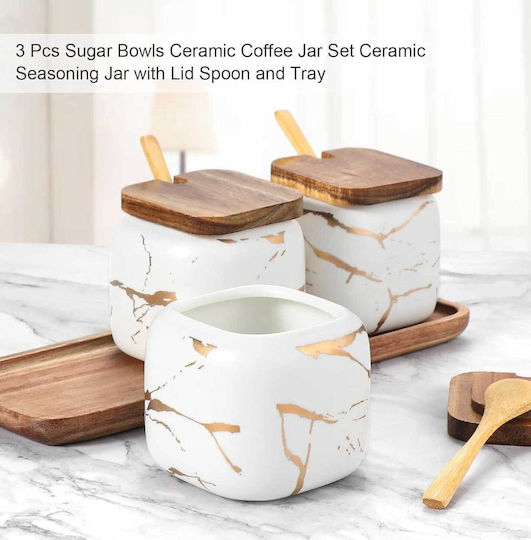 White Set of 3 Ceramic Coffee Jars with Lid White 360ml 3 Pieces