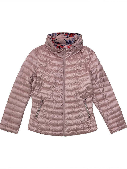 Ustyle Women's Short Puffer Jacket Double Sided for Winter with Hood Pink