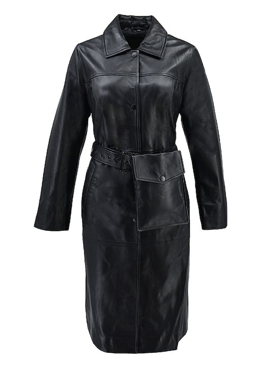 Δερμάτινα 100 Women's Leather Midi Coat BLACK