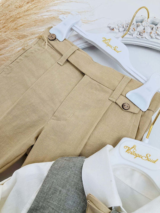 Vintage Soul Costum de Botez cu Vestă pentru Băiat Bej 4buc