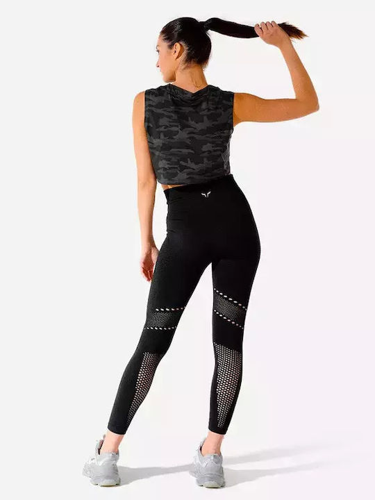 Γυναικείο Αθλητικό Crop Top Αμάνικο με Διαφάνεια Μαύρο