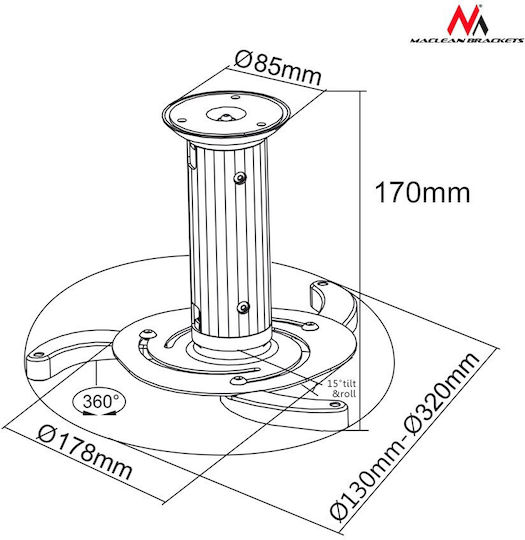 Maclean Energy Projektorhalterung Decke mit maximaler Belastung von 10kg Silber