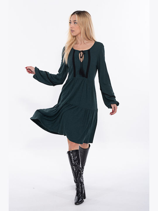 Donna Martha Summer Mini Dress Knitted with Ruffle Green