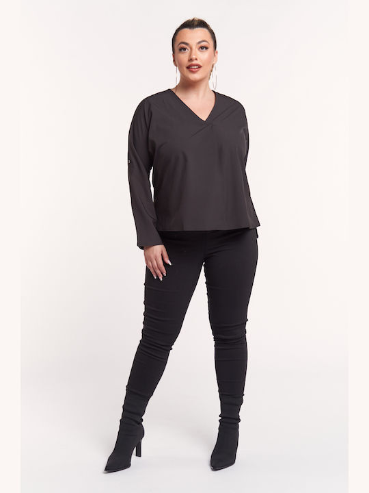 Women's Blouse Long Sleeve with V Neckline Black