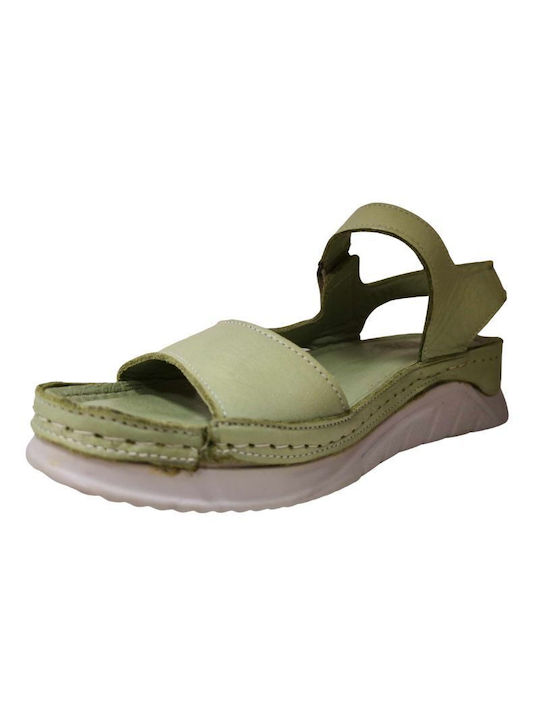 Safe Step Leather Women's Flat Sandals with Strap in Green Color