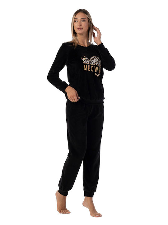 Secret Point Winter Damen Pyjama-Set Samt Schwarz