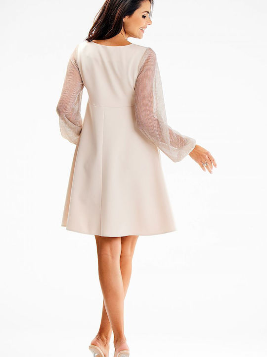 Awama Mini Evening Dress with Sheer Beige