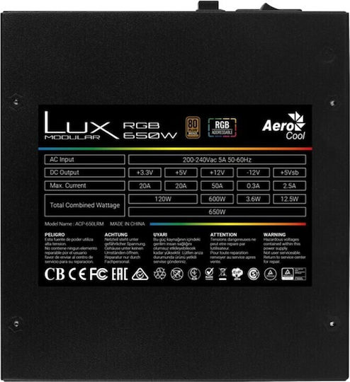 Aerocool LUX RGB 650W Черен Компютърно захранване Полумодулни 80 Plus Bronze