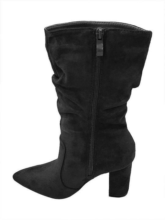 Suede High Heel Women's Boots with Zipper Black