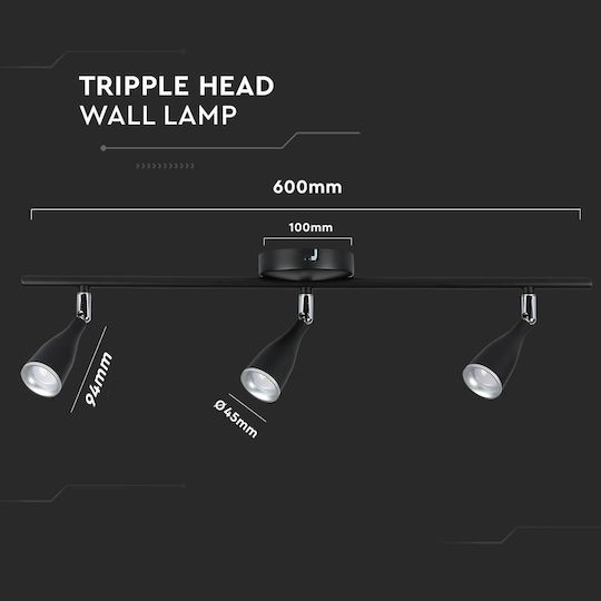 V-TAC Triple LED Warm White Spot in Black Color