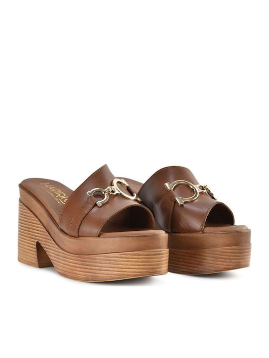 Leather Women's Sandals Tabac Brown with Chunky High Heel