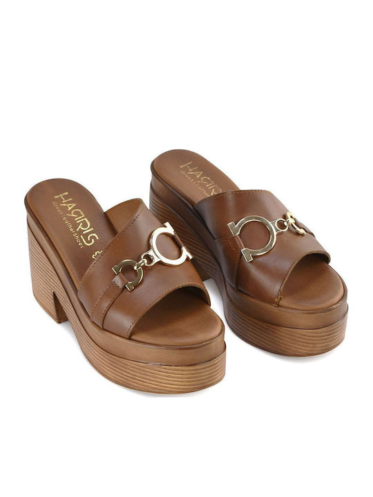 Leather Women's Sandals Tabac Brown with Chunky High Heel