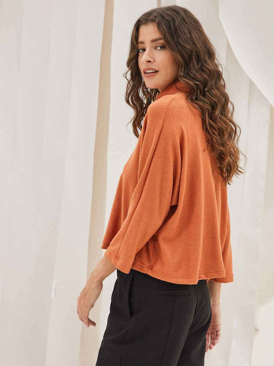 Namaste Women's Crop Sweater Turtleneck with 3/4 Sleeve Orange