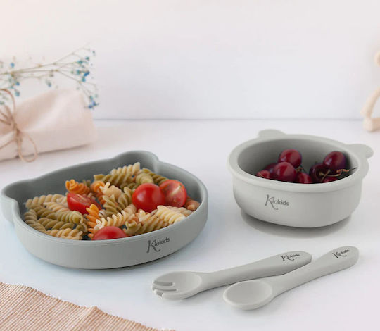 Kiokids Feeding Set Little Bear made of Silicone Gray 4pcs for 4+ months