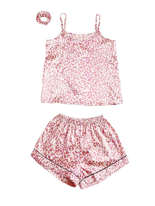 MEMMA babydoll set 3 pcs with top and shorts with satin pink leopard print & hair elastic