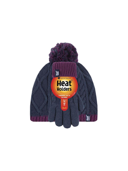 Kids Beanie Set with Gloves Knitted Navy Blue
