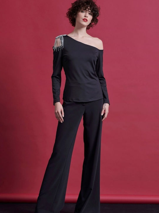 Women's Blouse Satin Off-Shoulder Long Sleeve Black