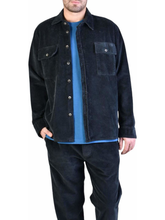 Overshirt Catifea Raiata Mânecă Lungă În Linie Regular Fit Negru