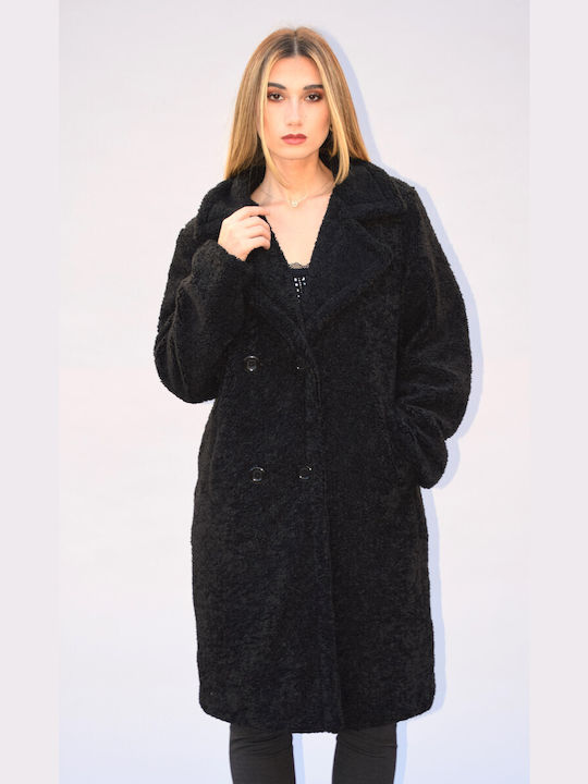 Verde Women's Sherpa Midi Coat with Buttons black