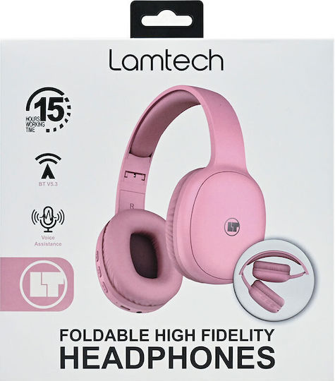 Lamtech LAM113010 Ασύρματα Bluetooth Over Ear Ακουστικά με 15 ώρες Λειτουργίας και Quick Charge Ροζ