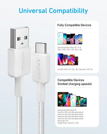 Anker 322 Braided USB 2.0 Cable USB-C Male - USB-A 15W PD White 0.9m A81H5G21