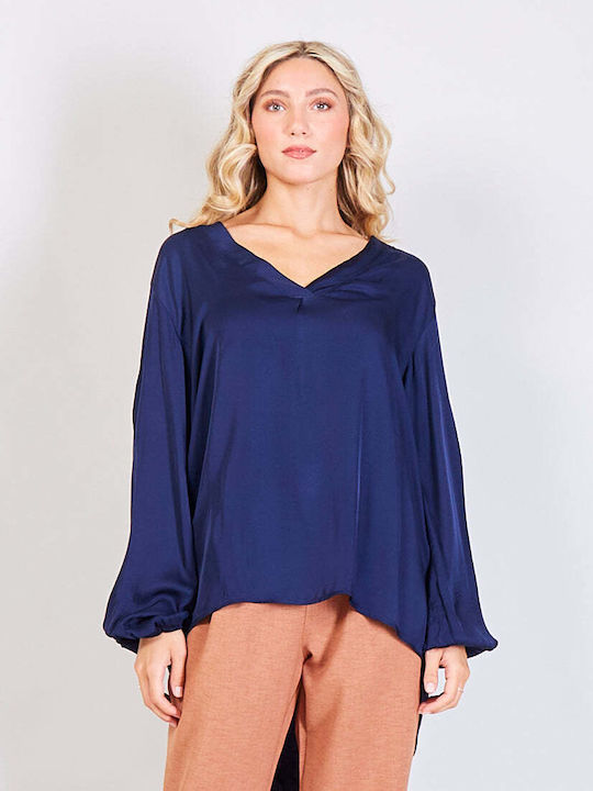 New Collection Women's Blouse Long Sleeve with V Neckline Blue