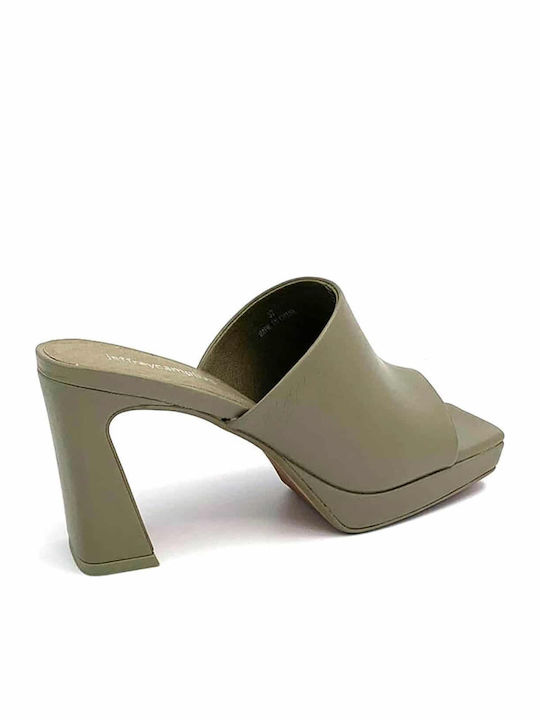 Caviar Leather Mules with Chunky High Heel in Green Color