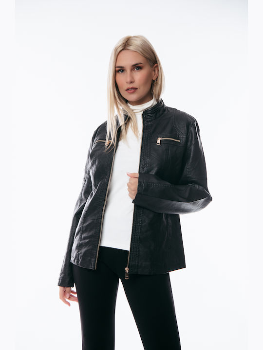 Dress Up Women's Short Biker Artificial Leather Jacket for Winter BLACK