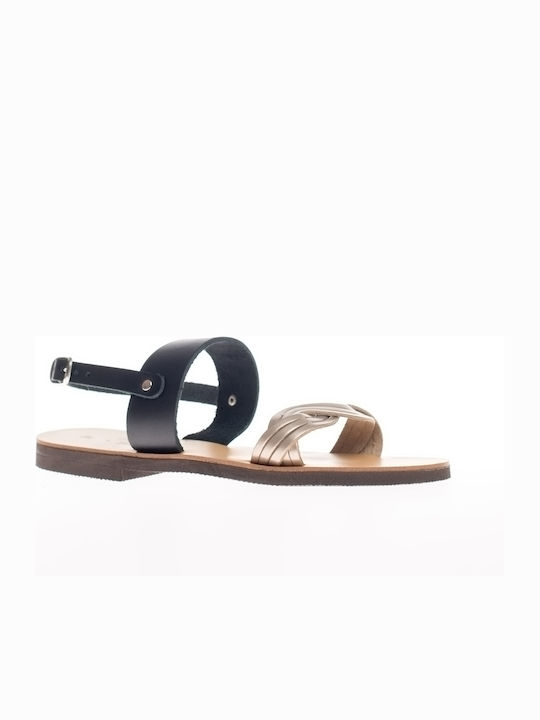 Semeli Leather Women's Flat Sandals Black/Gold