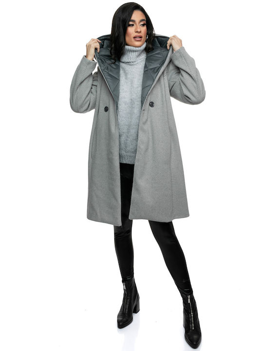 RichgirlBoudoir Women's Short Half Coat with Buttons and Hood Gray