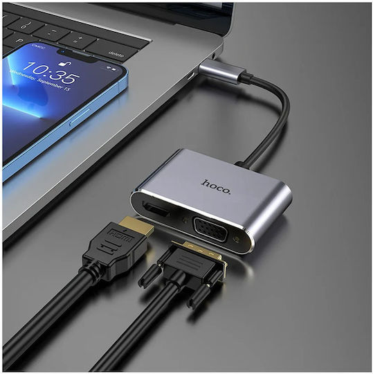 Hoco Hb29 Konverter USB-C männlich zu HDMI / VGA 2x weiblich Silber 1Stück