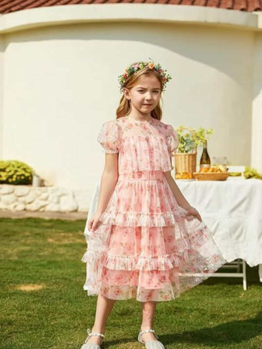 Grace Karin Rochie pentru Copii Din Tulle Floral Mâneci scurte Pink