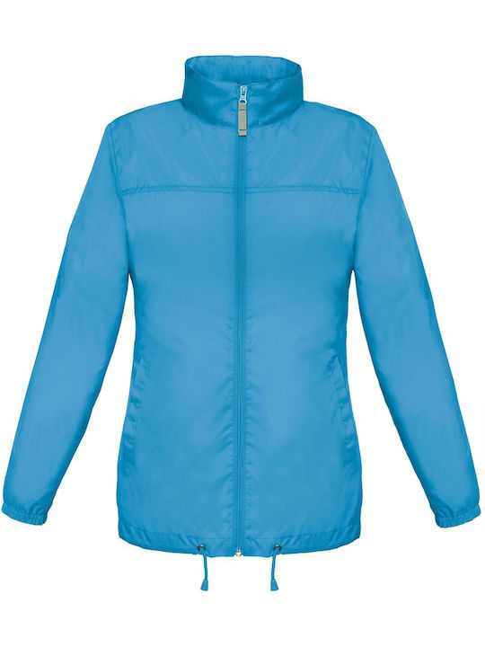 B&C Women's Short Puffer Jacket Waterproof and Windproof for Spring or Autumn with Hood Light Blue