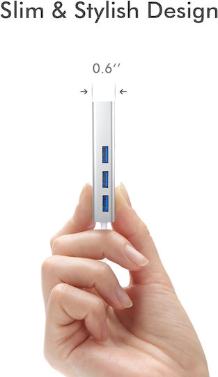 EDUP USB-Hub Mit 3 Anschlüssen USB 3.0 Mit USB-C Anschluss Ethernet Silber