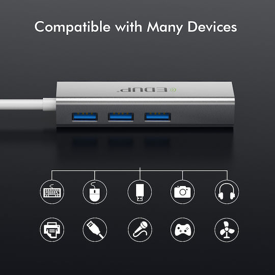 EDUP USB-Hub Mit 3 Anschlüssen USB 3.0 Mit USB-C Anschluss Ethernet Silber