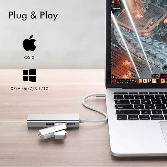 EDUP USB-Hub Mit 3 Anschlüssen USB 3.0 Mit USB-C Anschluss Ethernet Silber