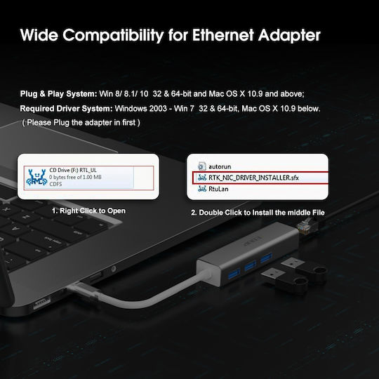 EDUP USB-Hub Mit 3 Anschlüssen USB 3.0 Mit USB-C Anschluss Ethernet Silber