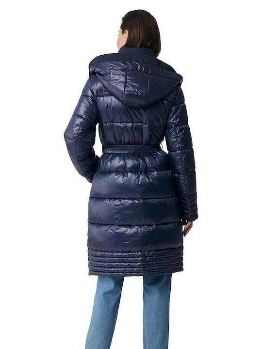 Mexx Women's Long Puffer Jacket for Winter with Hood Navy Blue