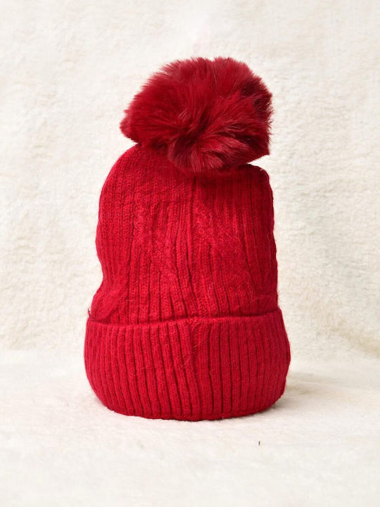 Potre Pom Pom Beanie Γυναικείος Σκούφος Πλεκτός σε Κόκκινο χρώμα