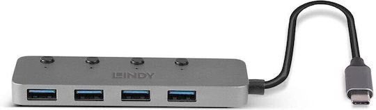 Lindy Hub 4 Θυρών USB 3.2 με σύνδεση USB-C Γκρι