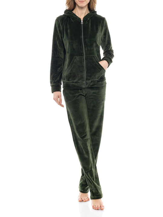 Pink Label Winter Women's Pyjama Set Velvet Khaki