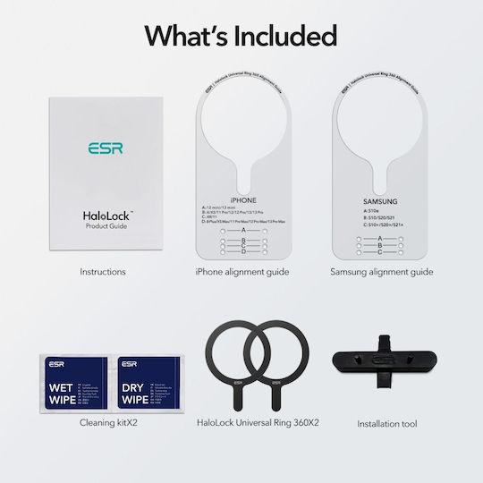 ESR MagSafe Ring Halolock Sheet με Οδηγό Ευθυγράμμισης Μαύρο 2τμχ