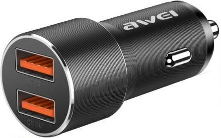 Awei Car Charger 36W 5A Fast Charging with Ports: 2xUSB Black Color